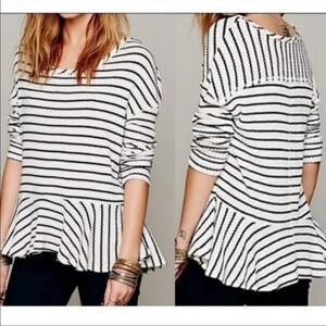 Free People We The Free Sz S Auntie Em White Black Striped Peplum Thermal Top